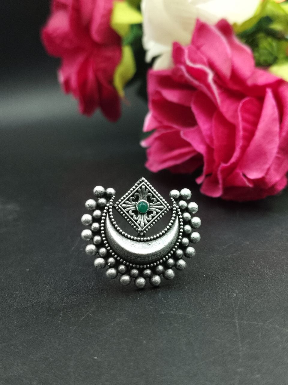 Adjustable ring, half moon ring, green stone - YCOSFR603