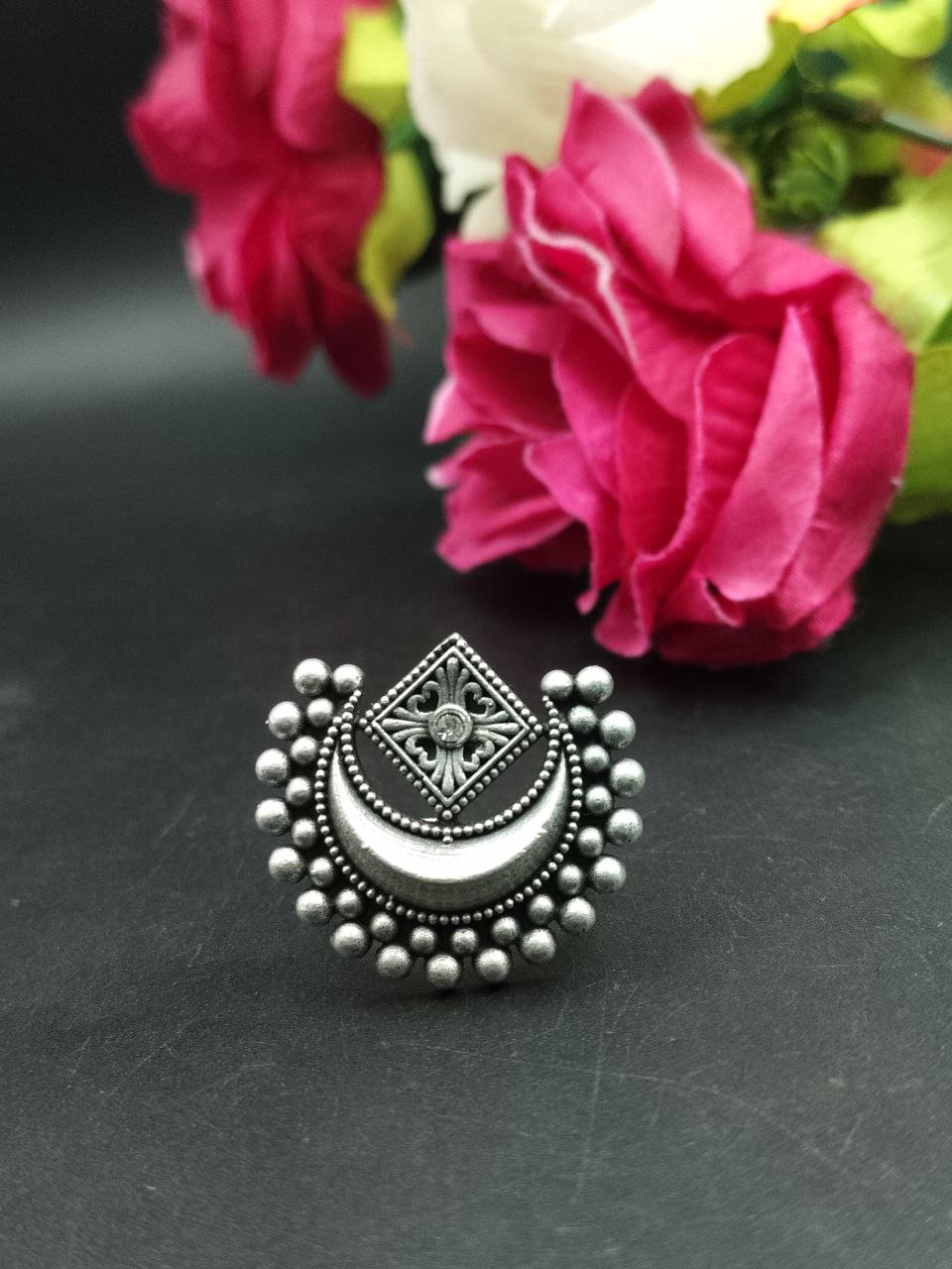 Adjustable ring, half moon ring, white stone - YCOSFR604